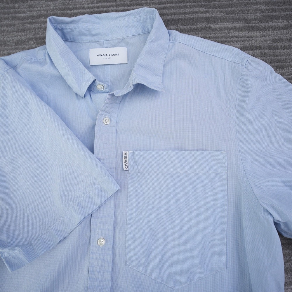 Ovadia‎ & Sons Shirt Men Button Up Short Sleeve Pocket Light Blue Medium